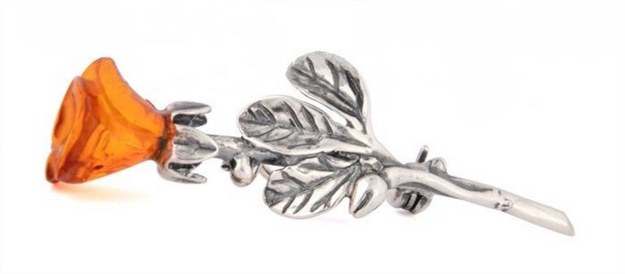 Brosa argint, chihlimbar coniac, model trandafir cu 3 petale-ATIROSE1